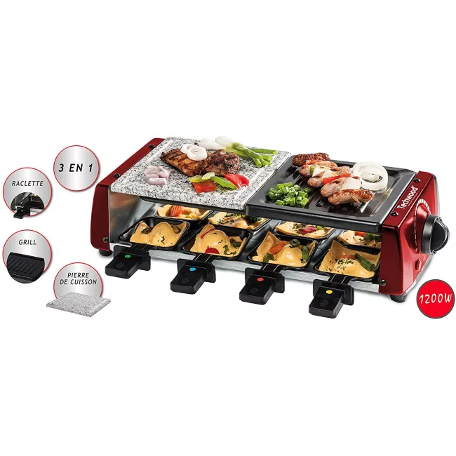 RACLETTE - GRILL - PLANCHA PIERRE DE CUISSON 1200W ROUGE TECHWOOD