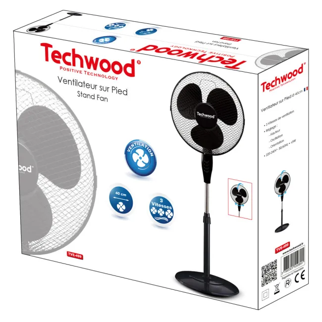 VENTILATEUR SUR PIED ROND 40 CM NOIR TECHWOOD
