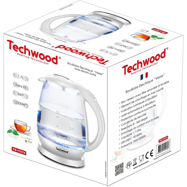 BOUILLOIRE SANS FIL EN VERRE 1.7 L TECHWOOD