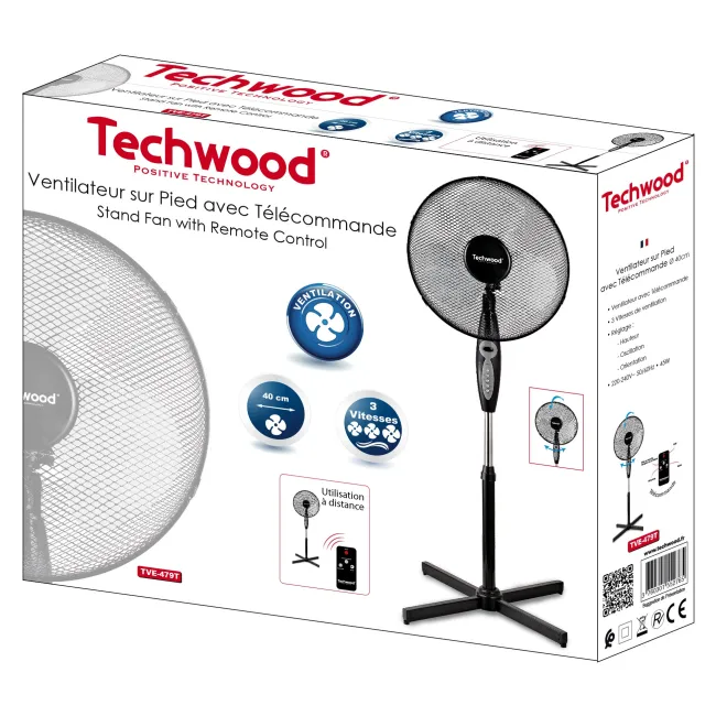 VENTILATEUR SUR PIED 40CM AVEC TELECOMMANDE NOIR TECHWOOD