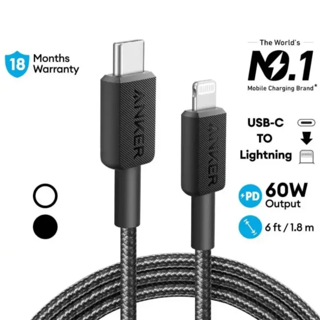 Anker 322 USB-C to Lightning Cable (6ft Braided) Black 194644114497