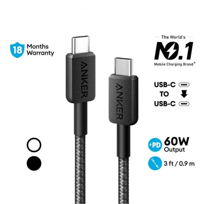 Anker 322 USB-C to USB-C Cable (3ft Braided) Black 194644115753