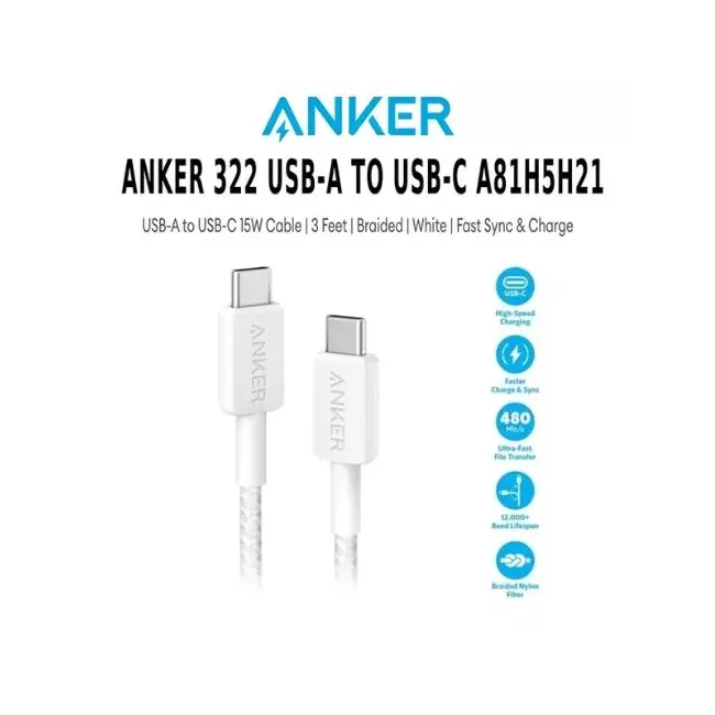 Anker 322 USB-A to USB-C Cable (3ft Braided) White 194644115609