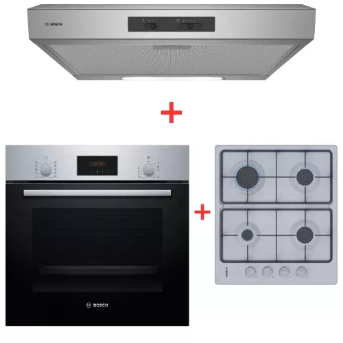 TRIO INOX : HOTTE DHU635HZA +T.C PBP6C5K80L + FOUR HBF512BS1T BOSCH