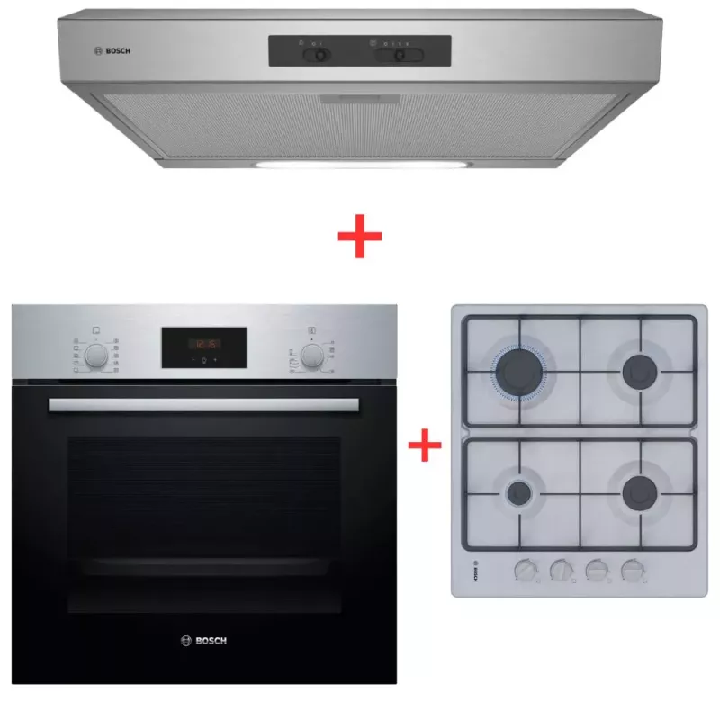 TRIO INOX : HOTTE DHU635HZA +T.C PBP6C5K80L + FOUR HBF512BS1T BOSCH