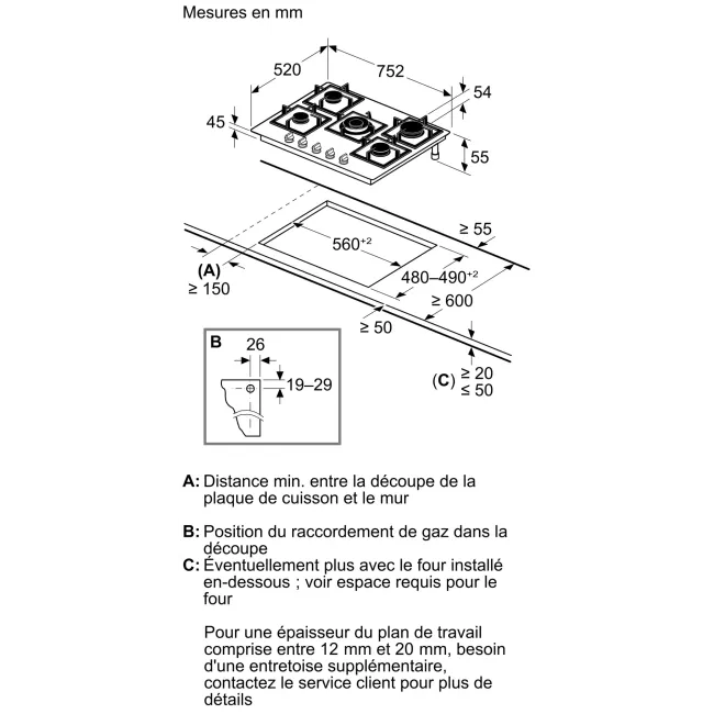 TABLE DE CUISSON EN VERRE GAZ 75CM BOSCH
