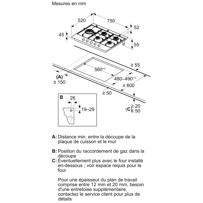 TABLE DE CUISSON A GAZ 5F 75CM EN FONTE INOX SERIE 6 BOSCH